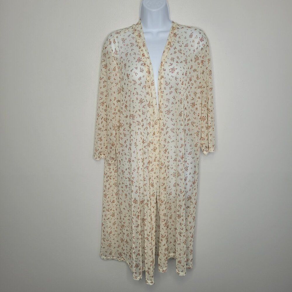 Double Take cream pink ditsy floral semi sheer open front cardigan cover up 1x